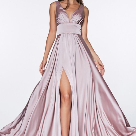A-Line Floor-length V-neck Long Dress With Slit Vintage Mauve